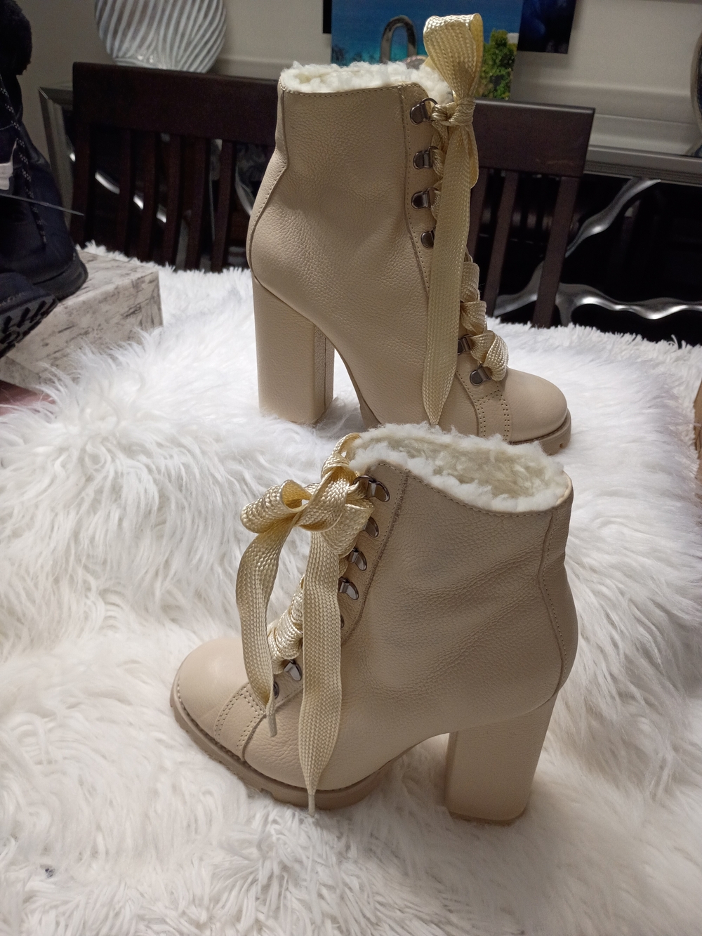 SCHUTZ Zhara Eggshell Lace-Up Faux-Fur Block Heel Combat Moto Ankle Boots 7.5 - Picture 2 of 16